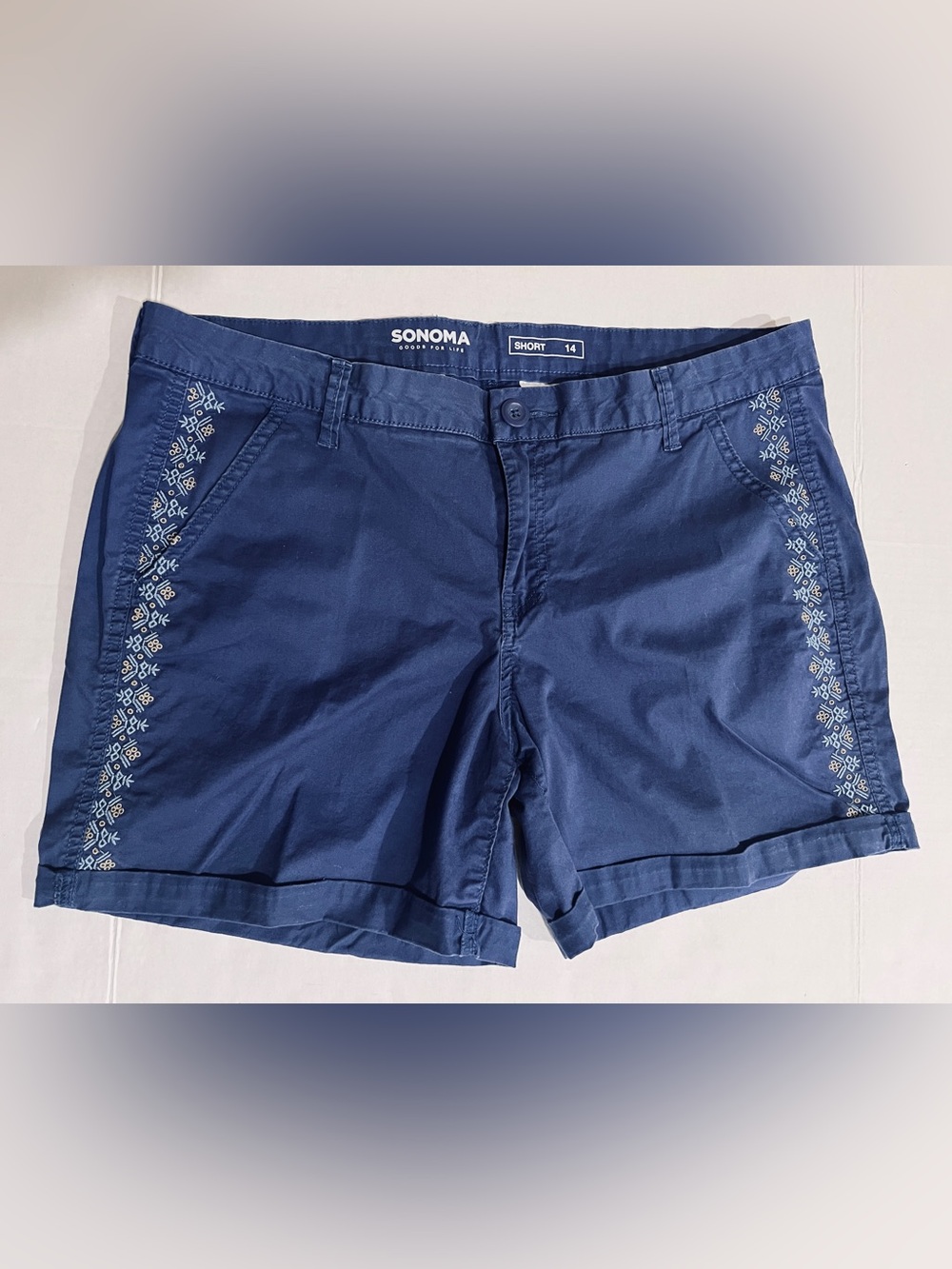 Sonoma Women’s Geometric Boho Embroidered Blue Cotton Stretch Shorts Festival 14